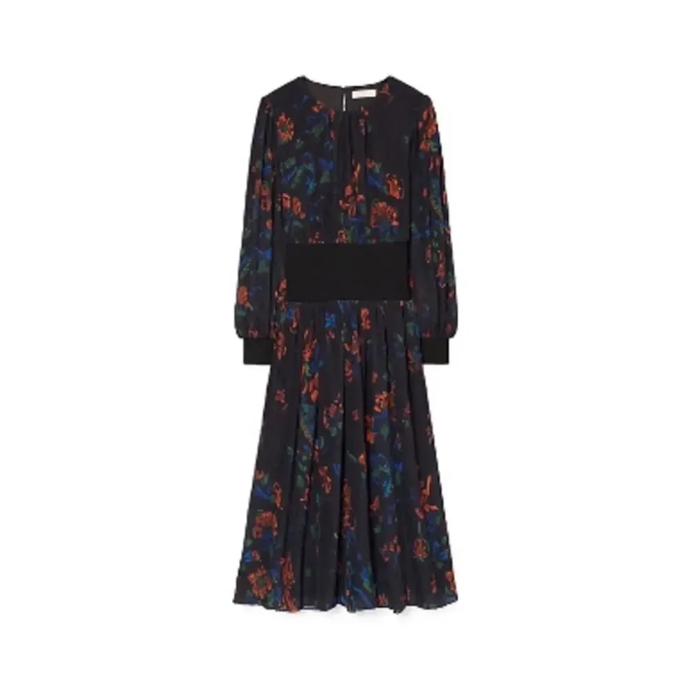 Tory Burch Floral Midi Dress in Ceramic Bouquet Long Sleeve Smocked Waist Size 6